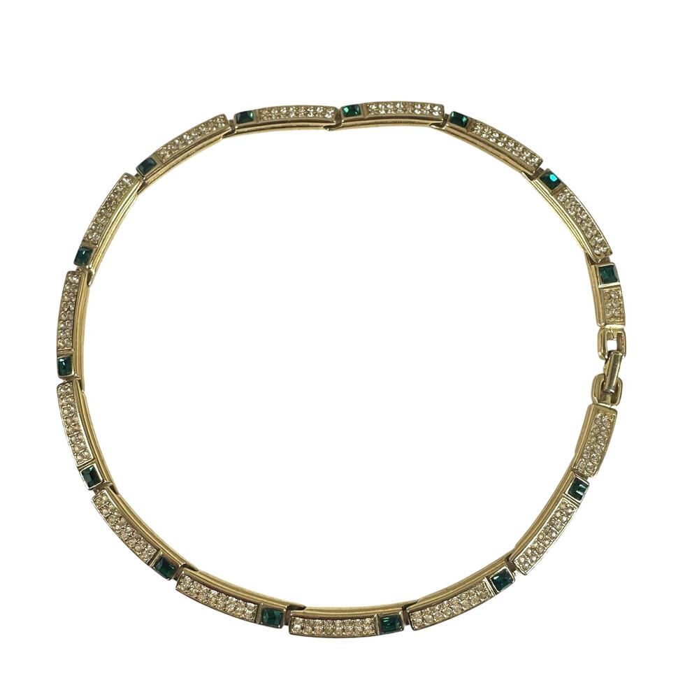 Givenchy Necklace Gold Tone Green Crystal Rhinestone Collar Tennis 15 In Jewelry